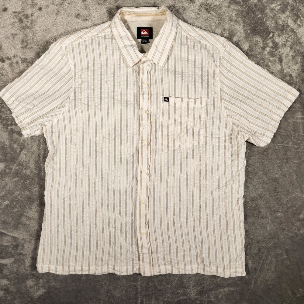 Quiksilver Shirt Mens XXL Short Sleeve Striped White Tan Button Down EUC